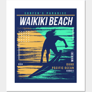 Retro Surfing Waikiki Beach Oahu Hawaii // Vintage Surfer Beach // Surfer's Paradise Posters and Art